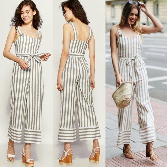 Romeo & Juliet Couture Pants - NEW Light Moss Olive Green Striped Tie Waist Linen Cotton Blend Jumpsuits $140